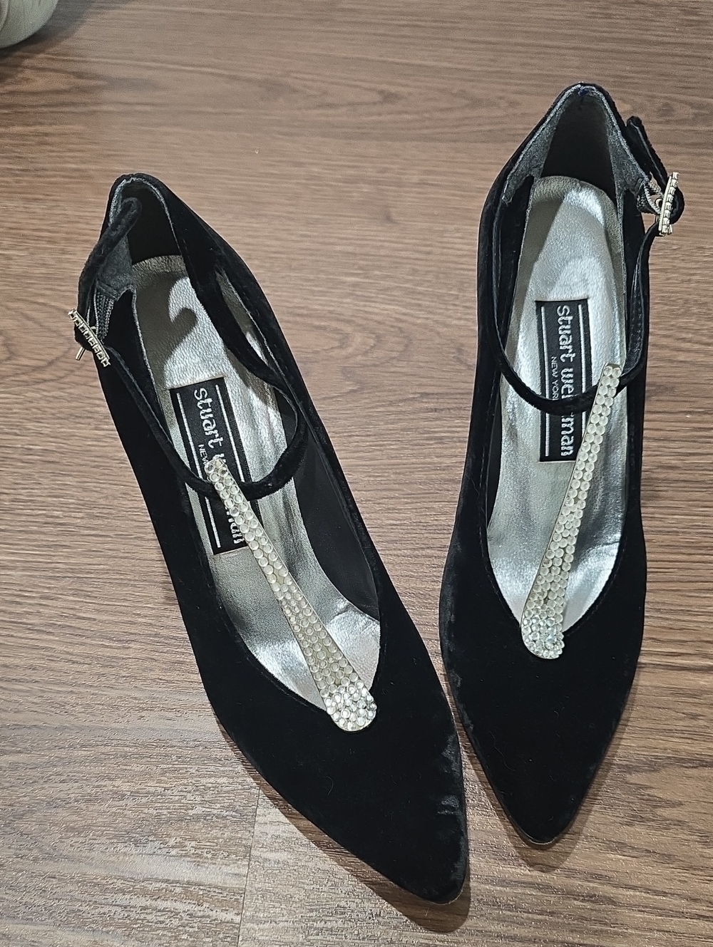 Stuart Weitzman Black Velvet T-Strap Pointed Heels with Crystal Trim 6.5